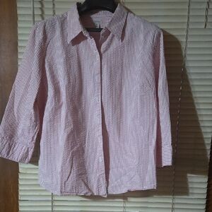 L.L. Bean Pink and White Striped Shirt 3/4 Length Sleeve